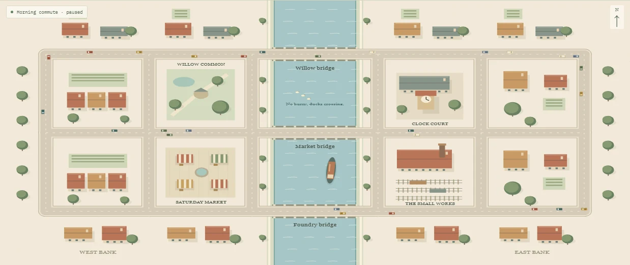 Illustrated city with three river crossings