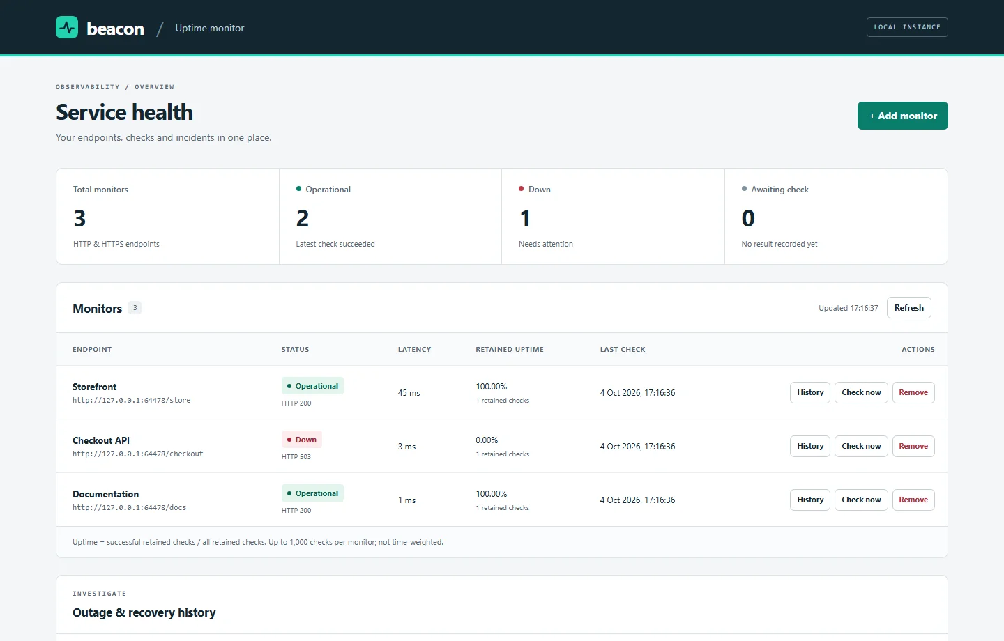 Beacon application built by three agents, showing monitored services and an outage